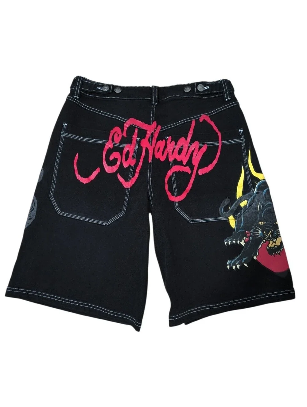 Vintage ED HARDY BLACK PANTHER SHORTS WOMENS MEDIUM NWT Bermuda Baggy Denim NWT